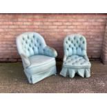 Two Victorian button upholstered armchairs, on turned legs and castors