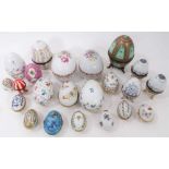 Collection of modern novelty porcelain eggs, including hand painted examples by Herend, and others