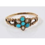 Early Victorian turquoise and seed pearl forget-me-not ring with central flower motif, pierced gold