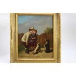19th Century English School, oil on panel, Two children teaching dogs to do tricks, indistinct