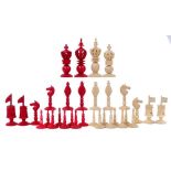 19th century Anglo-Indian carved and red stained ivory chess set