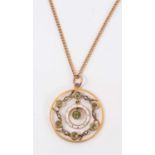 Edwardian 9ct gold enamel, peridot and seed pearl pendant on chain