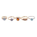 Five gold and gem-set dress rings
