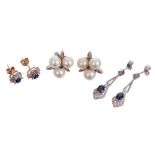 Two pairs of diamond and sapphire earrings and a pair of cultured pearl earrings