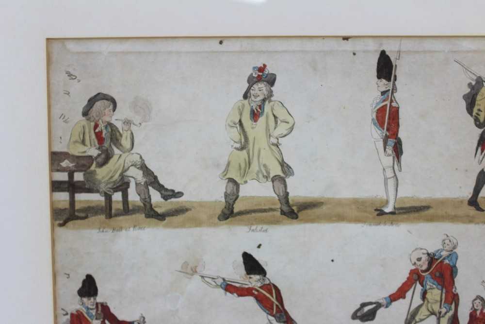 Isaac Cruickshank (1764-1811) hand coloured engraving, He would be a soldier, or the history of John - Image 6 of 7