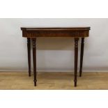 19th century mahogany and boxwood lined tea table, of canted form on turned tapered legs, 89cm wide