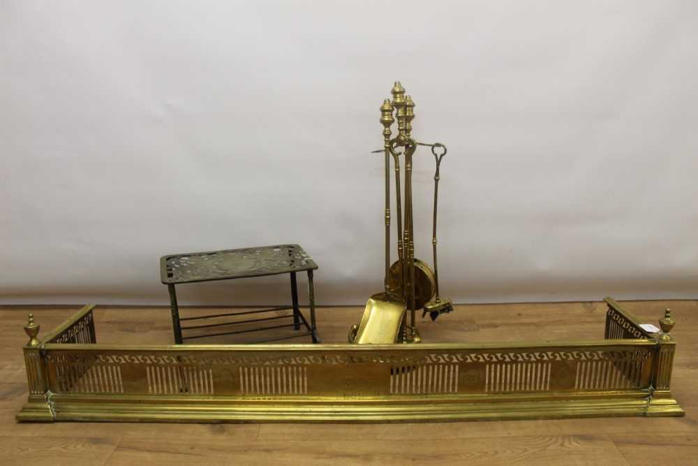 19th century pierced brass fire kerb, together with good quality brass fireside companion set and pi