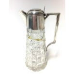 Edwardian silver mounted cut glass claret jug of tapered form, hobnail cut glass body with star cut