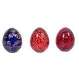 Three Russian etched glass eggs