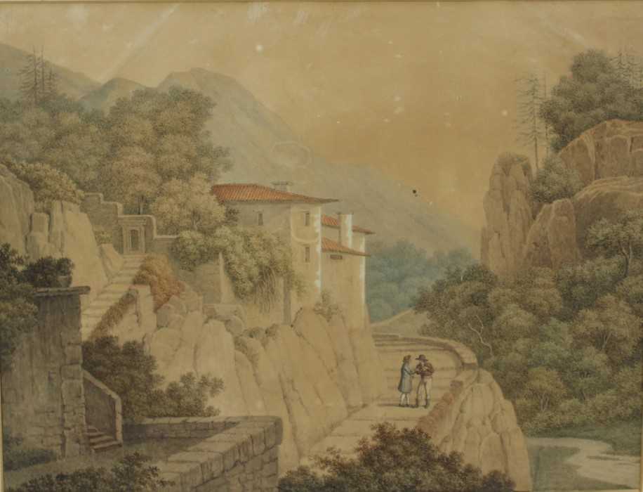 Johann Christian Reinhart (1761-1847) watercolour - Hilltop Landscape, inscribed, 32cm x 41cm, in gl