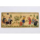 19th century Persian miniature painting on ivory, landscape scene with dancer and musicians performi