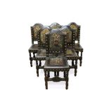 Set of eight 17th century style Spanish painted leather and stud work chairs