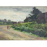 Emily M. Prowde, oil on canvas, A view in the village of Kilburn, Lancs, with a mother waving h