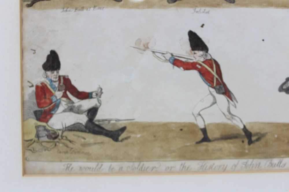 Isaac Cruickshank (1764-1811) hand coloured engraving, He would be a soldier, or the history of John - Image 3 of 7