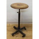 Unusual 19th century circular burr walnut table standing on a telescopic, metamorphic base, with gil