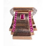 1940s Art Deco Odeonesque rose gold ruby and diamond clip