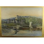 John Syer (1846-1913) pair of watercolours - Chepstow Castle, and a view of riverside abbey ruins, b