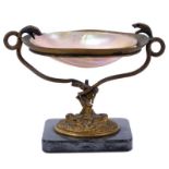 19th century Grand Tour decorative table salt, with abalone shell raised on twin serpent supports an