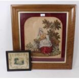 Mid 19th century needlework picture in glazed maple veneered frame