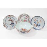 Four pieces of 18th century Chinese export porcelain, including an Imari bowl, two Imari dishes, and