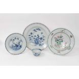 Two 18th century Chinese blue and white plates, another plate and a Nanking Cargo tea bowl