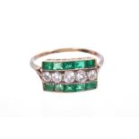 Art Deco emerald and diamond three row ring
