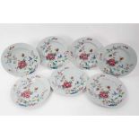 Set of seven Chinese famille rose porcelain dishes, Qianlong period, decorated with peonies and othe