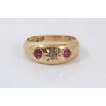 Edwardian 18ct ruby and diamond three stone gypsy ring