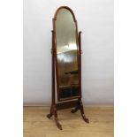 Early 20th century mahogany cheval mirror, with arched swing plate on splayed supports, 154cm high