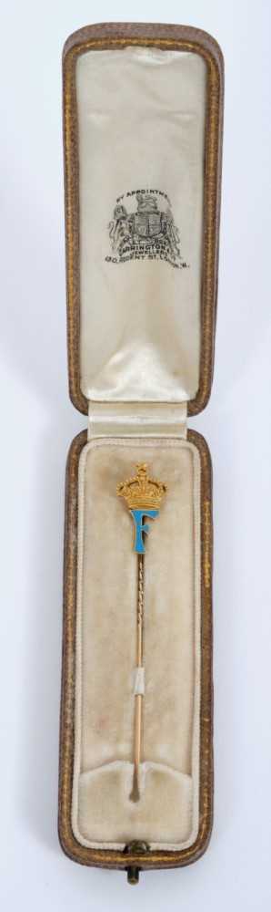 H.I.M. King Farouk of Egypt - presentation gold and enamel stick pin with crowned F cypher in Carrin