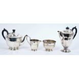 1930s silver three piece tea set , silver plated coffee pot and pair silver sugar tongs