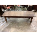 Antique French chestnut farmhouse table, the expansive plank top over two frieze drawers to one side