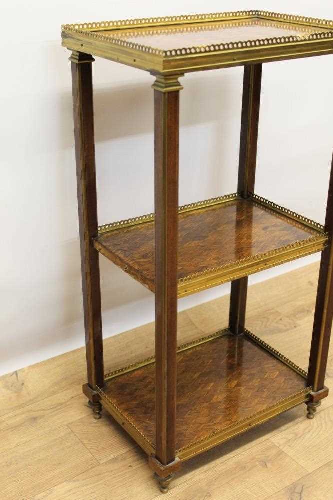 Good 19th century Continental parquetry and brass mounted three tier étagère, each rectangular tier - Image 3 of 4