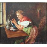 19th century English School, oil on panel, An interior scene with a seated lady knitting and loo