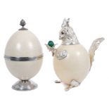 Novelty silver plate mounted ostrich egg, together with another ostrich egg