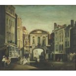 Manner of Anna Zinkeisen, oil on canvas - an 18th century view of a Fleet Street Gateway, 60cm x 69c