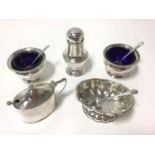 Selection of miscellaneous silver condiments, including a pair of salts with blue glass liners