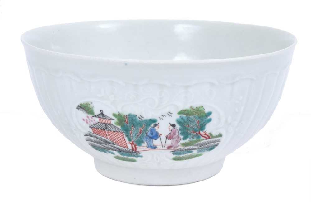 A Worcester pleat moulded bowl, painted in Chinese style with the Stag Hunt pattern, circa 1755