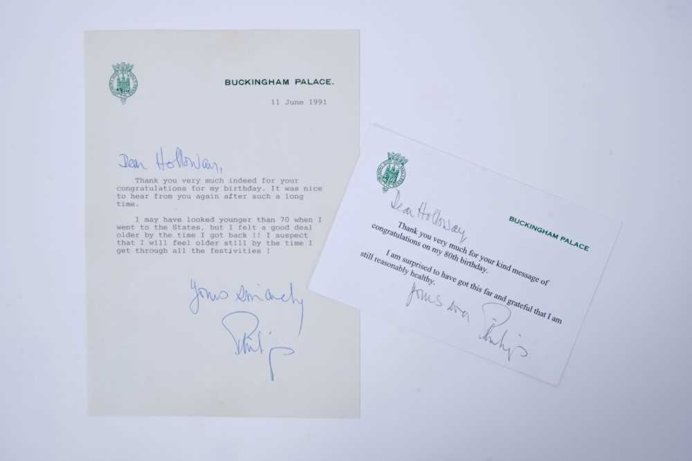 H.R.H. The Duke of Edinburgh, two signed typed thank you letters on Buckingham Palace headed notepap
