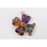 Gold and multi-gem 'lucky four-leaf clover' pendant with heart shape semi precious petals in gold mo