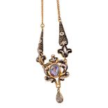 Early/mid 19th century Swiss gold and enamel necklace with foil backed pear shape stone drop suspend