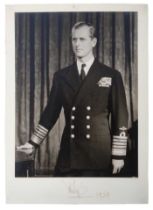 H.R.H. The Duke of Edinburgh signed presentation portrait photograph of the Duke in Naval uniform si