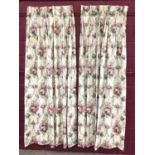 Two pairs pink floral chintz glazed cotton curtains and two other matching curtains