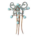 19th century Continental silver gilt and turquoise glass cabochon hair clip with stylized floral scr