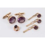 Pair of faux alexandrite cufflinks and four similar dress studs in gold setting, stamped 14k.