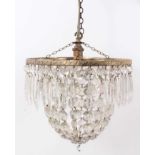 Antique basket chandelier, with four graduated tiers of prismatic drops, approximately 34cm high, to