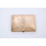 Late Victorian 9ct rose gold cigarette case with engraved family crest and initials, the reverse eng