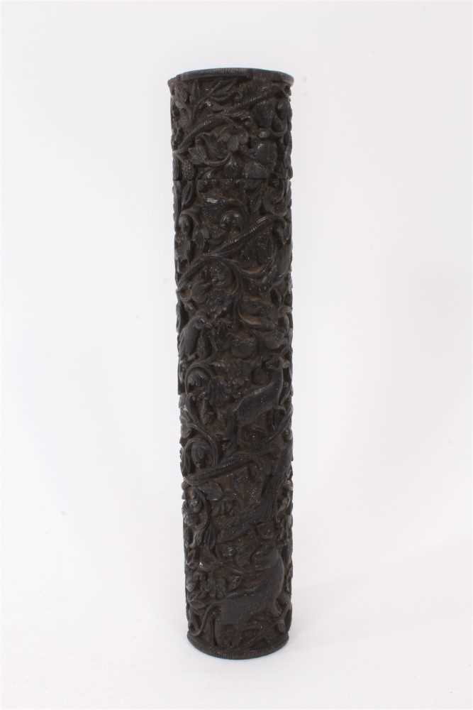 18th / 19th century Indian carved hardwood quill case decorated in high relief - Image 3 of 7