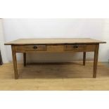 Large French hardwood farmhouse table, plank top over two frieze drawers to one side on square taper