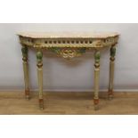 Continental marble topped pier table, trapezium shaped variegated marble on polychrome painted pierc